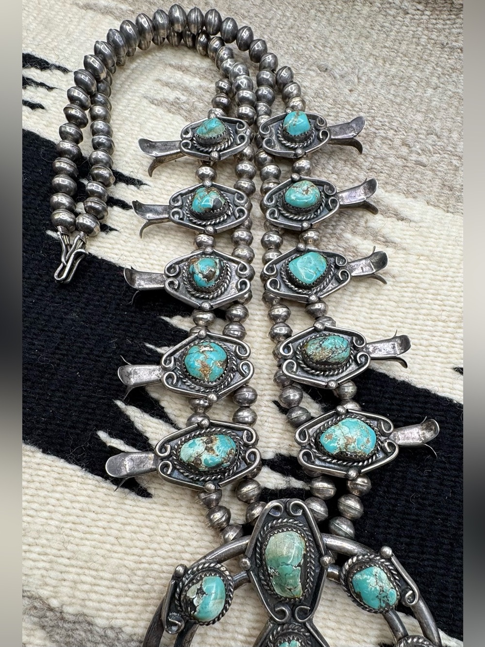 Native American 900 Silver Natural Turquoise Squash Blossom Naja Necklace - Picture 7 of 10